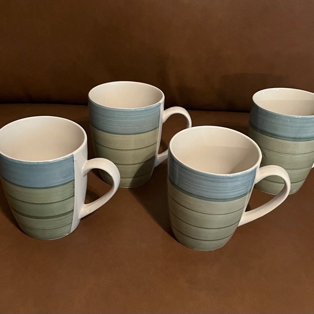 Pier 1 Import Blue Green Hand Painted Stoneware Coffee/Tea Mugs, Set of 4